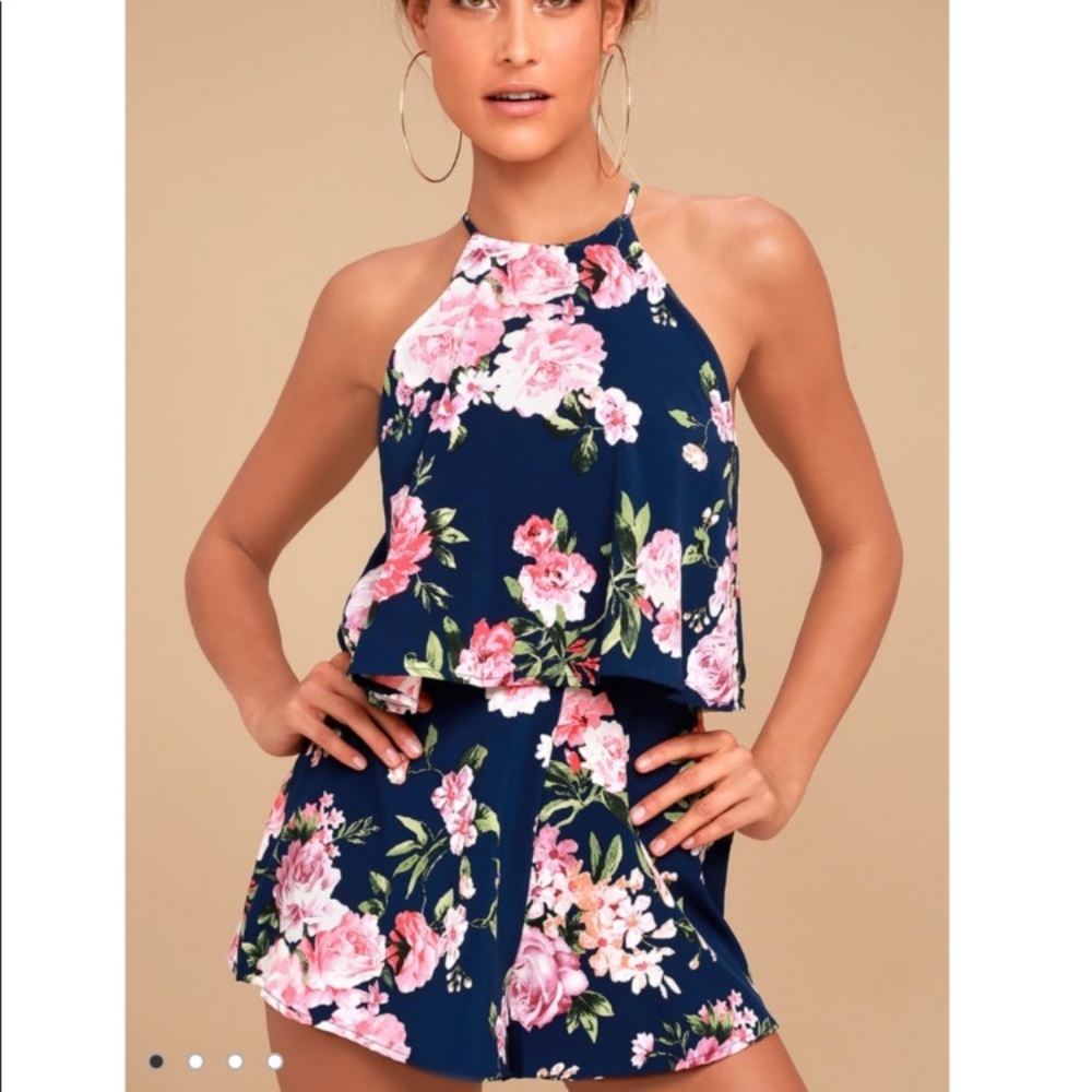 Lulus In the Garden Navy Blue Floral Romper